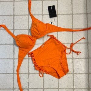 Orange Bikini Set with Lace-Up Sides